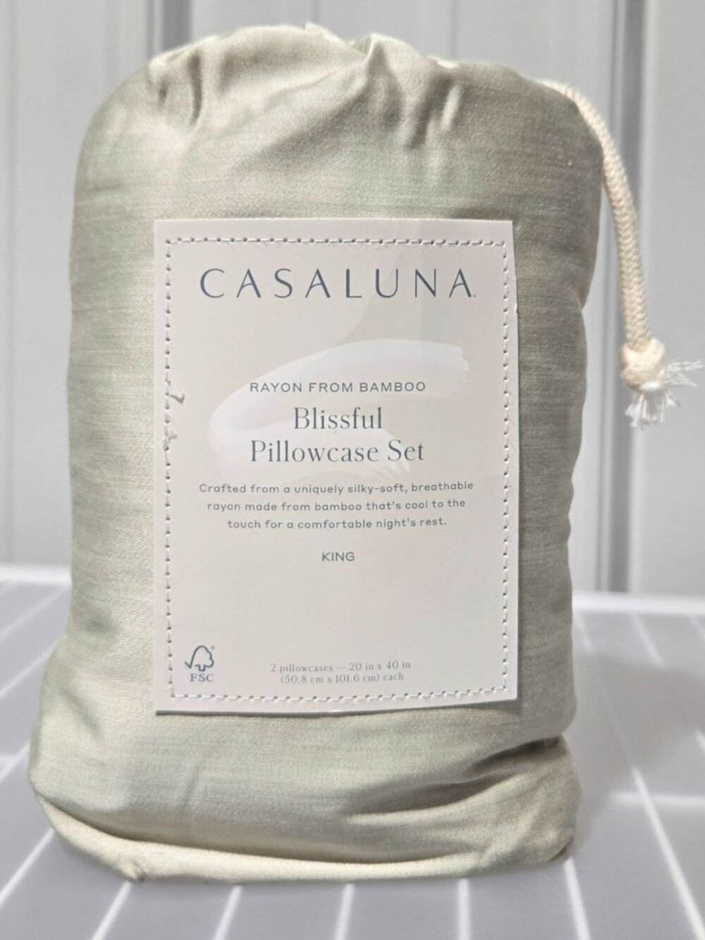 Casaluna Light Olive Green 400 Thread Bamboo Rayon King Pillowcase Set 20" x 40" - Picture 2 of 6